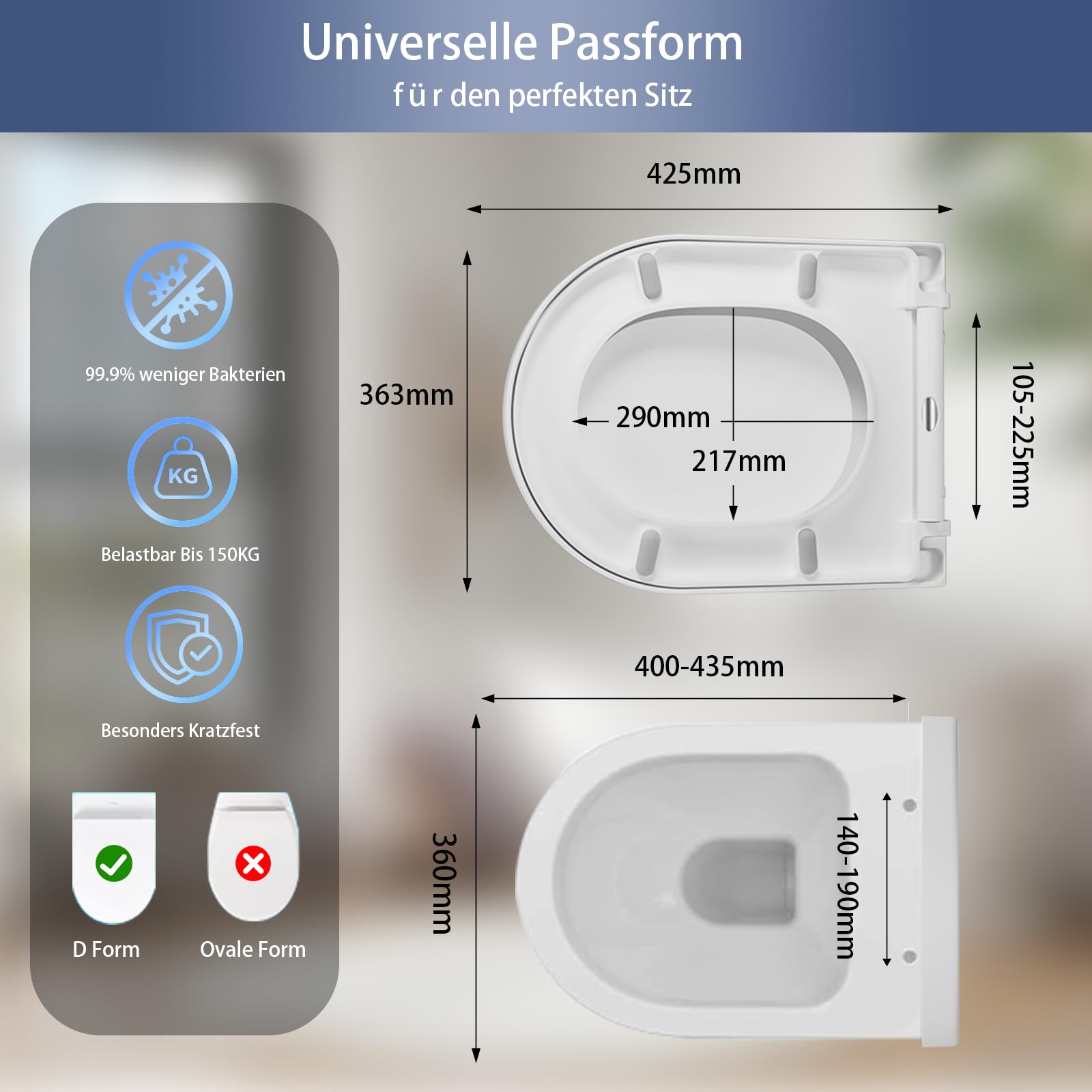 Dimensions et compatibilité abattant WC forme D court